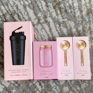 Truvani Shaker Cup, Glass Jar, and 2 Metal Scoops